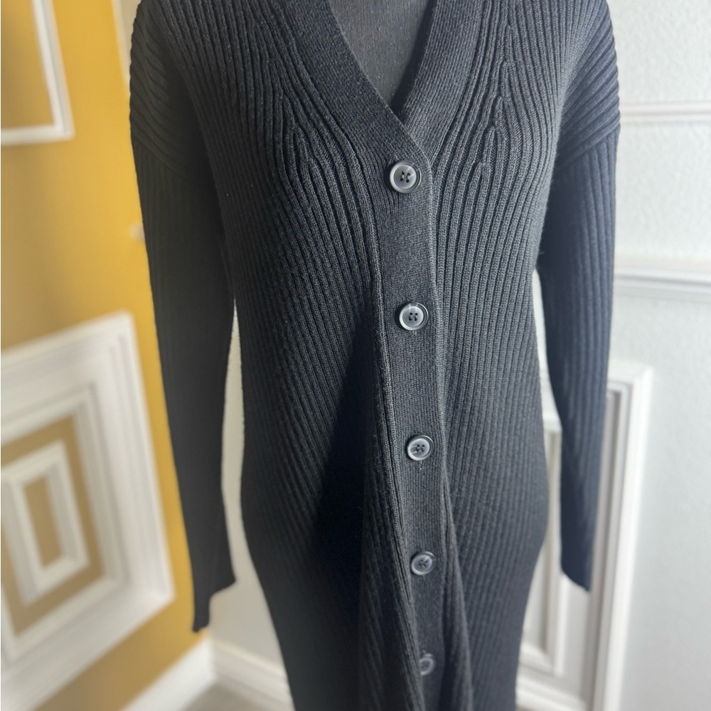 Black Ribbed Button-Up Cardigan Dress - Picture 2 of 7
